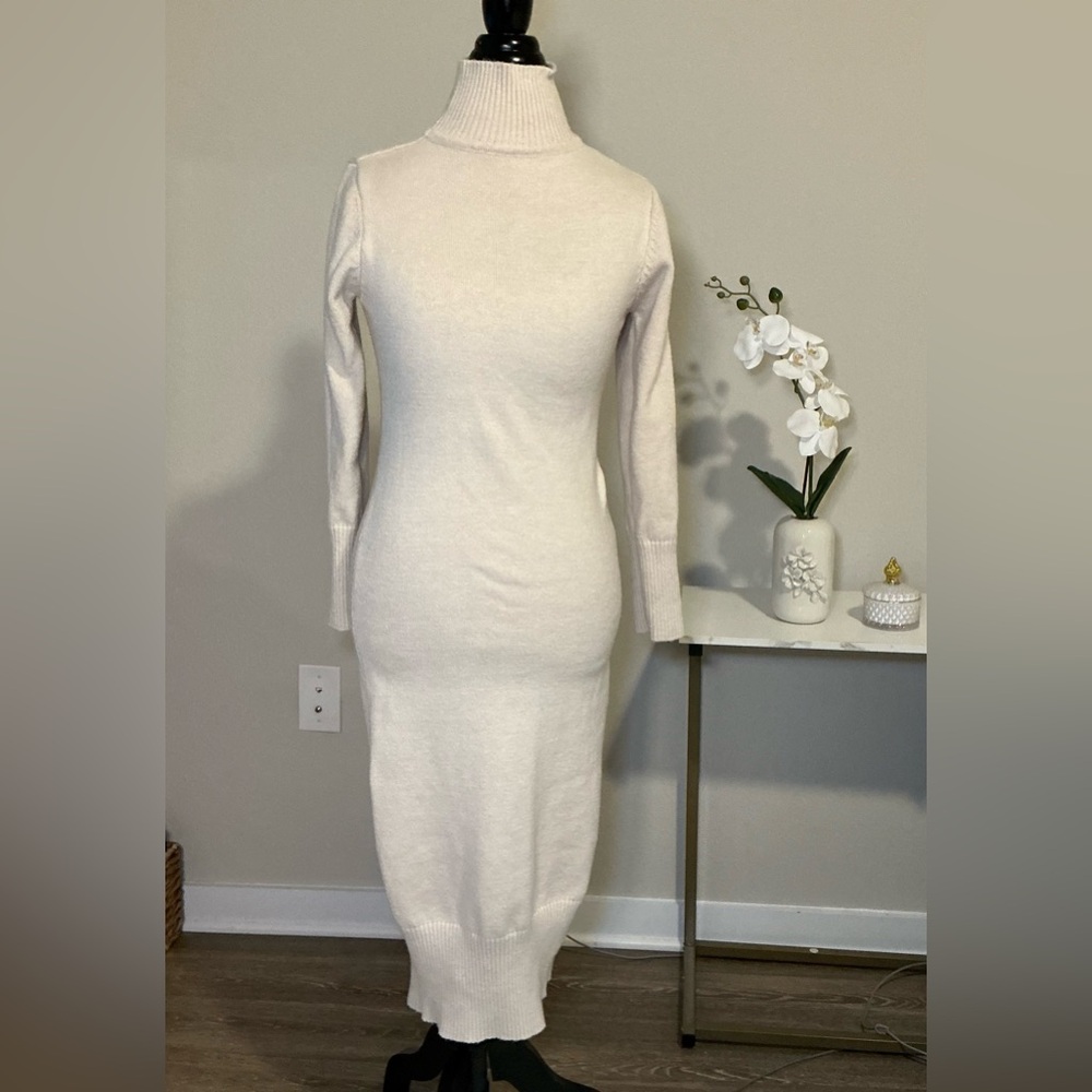 Cream Long Sleeve Turtleneck Midi Sweater Dress